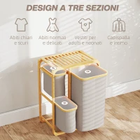 HOMCOM Cestino Portabiancheria in Bambù con 3 Sacchi e Ripiani in Tessuto, 50x32x69.7 cm, color Bambù e Crema(m-6)