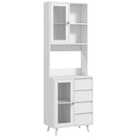 HOMCOM Armário de Cozinha com 2 Armários com Portas de Vidro Temperado 2 Compartimentos Abertos 4 Gavetas e Prateleiras Ajustáveis 60x35x180 cm Branco(m-1)