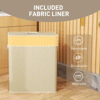 HOMCOM 2 Section Laundry Basket with Lid, 100L Bamboo Laundry Hamper with Handles, Removable and Washable Liner, Cream White(m-7)