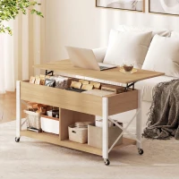 HOMCOM Mesa de Centro Elevatória com Rodas Compartimento Oculto e Prateleiras Abertas 105x50x67 cm Madeira e Branco(m-16)