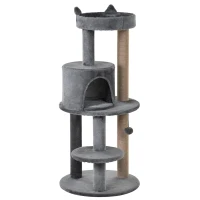PawHut krabpaal kattengrot kattenhuis 4 verdiepingen met speelballen zitstok, sisalzuil en krabplank, groot, stevig, luxe, sisal pluche grijs 48 x 48 x 104 cm(m-1)