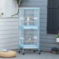 PawHut Gaiola para Pássaros com Rodas de 2 Níveis  com Bandejas Removíveis Portas Comedouros Poleiros 51,5x50x140 cm Azul(m-11)