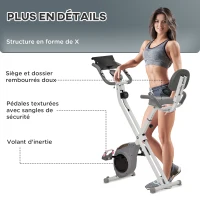 HOMCOM Vélo d'appartement magnetique pliable vélo de fitness vélo d'intérieurgrand confort dossier selle réglable poignées écran LCD multifonction support tablette acier blanc gris(m-5)