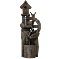 Outsunny Fonte de Jardim 2 em 1 com Casa para Pássaros Fonte de Água com Luzes LED Bomba Fonte Decorativa com Troncos de Árvore Multicor(m-11)