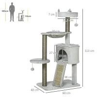 PawHut kattenboom inclusief kattengrot, kattenbed, kattenhangmat en speelgoed 60 cm x 40 cm x 113 cm, lichtgrijs(m-3)