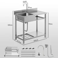 HOMCOM Outdoor Stainless Steel Kitchen Sink, Freestanding Sink Single Bowl with Cold and Hot Water Pipe and Storage Shelves(m-3)