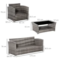 Outsunny Set Salotto da Giardino in Rattan PE con Divano 3 Posti, 2 Poltrone e Tavolino con Vetro, Grigio(m-3)