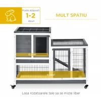 PawHut Cușcă din Lemn pentru Iepuri cu Roți, Tăvițe Detasabile și Căsuță cu Rampă, 110x50x88 cm, Gri și Alb(m-4)