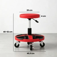 HOMCOM Banco de Oficina com Bandeja e Rodas, Altura Ajustável 40-52 cm, Carga 135 kg, para Garagem, Vermelho(m-3)