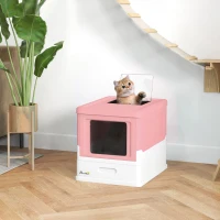 PawHut Caixa de Areia para Gatos Dobrável Caixa de Areia para Gatos Fechada com Bandeja Removível e Pá 47,5x35,5x36,7cm Rosa(m-10)