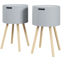 HOMCOM Modern Side Table with Hidden Storage Space, Round Night Stand with Removable Tray Wood Frame End Coffee Table for Living Room, Set of 2, Grey(m-11)