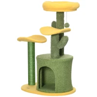 PawHut Árvore Arranhador para Gatos em Forma de Cacto com Casa de Pelúcia Plataformas Postes de Sisal 54x39x83cm Amarelo Verde(m-12)