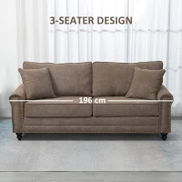 HOMCOM 196cm 3 Seater Sofa, Fabric Sofa with Rubber Wood Legs, Nailhead Trim, 2 Pillows, Small Upholstered Couch Settee for Living Room, Guest Room, Brown(m-6)