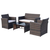 Outsunny 4 Pieces PE Rattan Garden Sofa Set with Cushions, Outdoor Patio Wicker Weave Conservatory Furniture Set with a Loveseat, 2 Armchairs and a Glass Top Coffee Table, Mixed Brown(m-11)