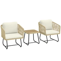 Outsunny Rattan Bistroset 3-delig FSC Tuinmeubelset met 2 Fauteuils, Latten Houten Tafel, Dikke Wasbare Kussens, Stalen Frame(m-1)