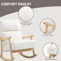 HOMCOM Scaun Balansoar Tapițat din Catifea Teddy, cu Spătar Ergonomic și Picioare din Lemn de Cauciuc,  Alb crem(m-6)