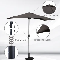 Outsunny Sombrilla 269x138x236 cm Parasol de Jardín con Manivela y Forma Semicircular Tela Poliéster 180 g/m² para Exterior Terraza Patio Piscina Gris(m-6)