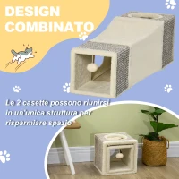 PawHut Tunnel per Gatti Pieghevole con Casette, Tiragraffi e Pallina in Peluche e Sisal, Crema(m-4)