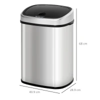 HOMCOM Pattumiera Cestino Bidone con Coperchio a Sensore ad Infrarossi per Cucina Bagno Capacità 58L in Acciaio ABS 40.9 × 28.9 × 68cm(m-3)