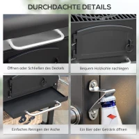 Outsunny Houtskoolgrill BBQ-Grill Smoker, verstelbare koolstoffen, zijtafels, 124 x 66 x 112 cm, Zwart(m-8)