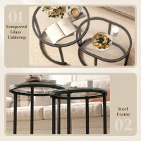 HOMCOM Nest of Tables with Steel Frame and Tempered Glass Tabletop, Modern Coffee Table Set of 2, Black(m-5)