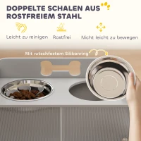 PawHut Verhoogd voerstation met 2 kommen en kast, MDF, roestvrij staal, botpatroon, grijs(m-6)