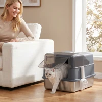 PawHut Bac à Litière pour Chat en Acier Inox. 2 en 1 Couvercle Pelle Filtres Sacs Désodorisants Grande Taille 48x38x34cm Gris(m-15)