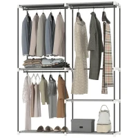 HOMCOM Armário de Roupa Aberto 142x43x185 cm Armário para Roupas com 4 Prateleiras de Tecido 3 Barras para Pendurar Cinzento(m-11)