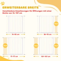 PawHut deurbeveiligingspoort, traphekje, hondenhek, barricade, hondenbarricade, klembevestiging, metaal, wit, 72-107 x 76 cm(m-4)
