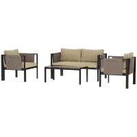 Outsunny 4 Piece Metal Garden Furniture Set with Tempered Glass Coffee Table, Texteline Pocket, Outdoor Set Loveseat Single Armchairs with Padded Cushions, Khaki(m-13)