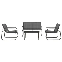 Outsunny 4-delige tuinset, 2 stoelen, 2-zitsbank, tafel met glazen blad, ademende stof, metalen frame, zwart(m-10)