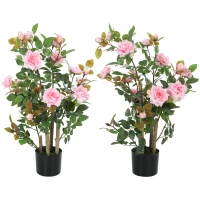 HOMCOM 90cm Artificial Rose Tree Set of 2, Decorative Fake Plant with 344 Silk Leaves 17 Flowers for Outdoor Indoor Decor, Pink(m-1)