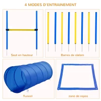 PawHut Agility sport pour chiens équipement complet obstacle, tunnel, slalom, zone repos + sac de transport bleu jaune(m-4)