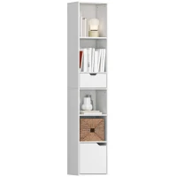 HOMCOM 6-Tier Bookcase, Tall Narrow Bookshelf with Drawer and Door - White(m-11)