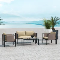 Outsunny 4 Piece Metal Garden Furniture Set with Tempered Glass Coffee Table, Texteline Pocket, Outdoor Set Loveseat Single Armchairs with Padded Cushions, Khaki(m-12)