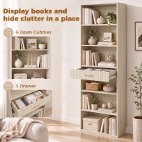 HOMCOM Bookcase Narrow Tall Space-Saving Bookshelf Drawer Open Shelves 60 x 24 x 182 cm Oak Wood Effect(m-4)
