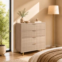 HOMCOM Bedroom Chest of Drawers with 4 Drawers, Fluted Dresser with Gold Tone Handles, Storage Cabinet, Natural(m-2)