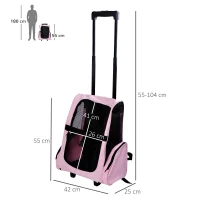 PawHut Trasportino Zaino 2 in 1 per Cani e Gatti con Tasche Laterali, Maniglia Telescopica e Ruote, 42x25x55cm, Rosa(m-3)