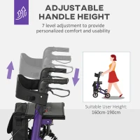HOMCOM Folding Rollator Walker with Seat, Backrest, Lightweight Walking Frame with Storage Bag, Dual Brakes, Adjustable Handle Height, Suspension System, 4 Wheeled Walker for Seniors, Purple(m-6)