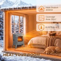 HOMCOM Electric Fireplace Stove, 1000W/2000W, Freestanding Electric Fire with LED Flame Effect, Adjustable Thermostat, Grey(m-6)