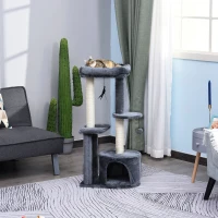 PawHut Arbre à chats avec griffoirs grattoirs sisal naturel centre d'activités niche plateformes 2 jouets suspendus gris(m-2)