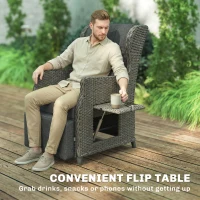 Outsunny Rattan Garden Recliner Chair, Reclining Garden Chair with Adjustable Back and Footrest, Flip Table, Cushion, Dark Grey(m-8)