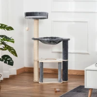 PawHut Albero Tiragraffi per Gatti Alto 95cm, Palestra per Gatti di Multilivelli con Casetta, Amaca, Pallina da Gioco, Cuccia e Corde in Sisal, 48x34x95cm, Grigio(m-8)