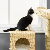 PawHut Krabpaal met Kattenhuis, Sisal Krabpalen, Wasbare Kussens, 100,5H x 57L x 37B cm, Wit/Natuur(m-7)