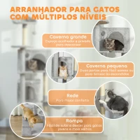 PawHut Arranhador para Gatos com Múltiplas Plataformas Cama 2 Cavernas Rede Escada Postes de Sisal 48x48x160 cm Cinzento Claro(m-4)