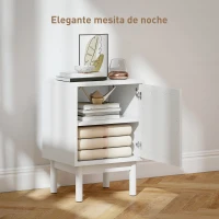 HOMCOM Mesilla de Noche con Puerta de Ratán Estante Ajustable y Patas de Madera Estilo Bohemio 40x35x58 cm Blanco(m-4)