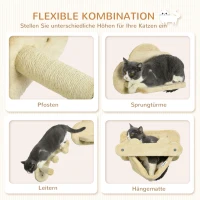 PawHut Katzentreppe, 4-teiliges Set, 3-stufige Sprossenleiter, 2 Plattformen, Hängematte, Plüschbezug, beige(m-5)