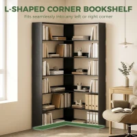 HOMCOM 7 Tiers Bookshelf, L-Shaped Corner Bookcase with Anti-Slip Rear Guard, Black Wood Effect(m-4)