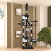 PawHut Tiragraffi per Gatti a Soffitto con Altezza Regolabile 240-260 cm, Albero Tiragraffi per Gatti Multilivello con Cucce, Amache e Scale, Corde in Sisal, Grigio Scuro e Bianco(m-10)
