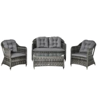 Outsunny 4 Pieces Outdoor PE Rattan Garden Furniture with Cushions, Aluminium Patio Wicker Conservatory Sofa Set with Glass Top Coffee Table, Mixed Grey(m-10)